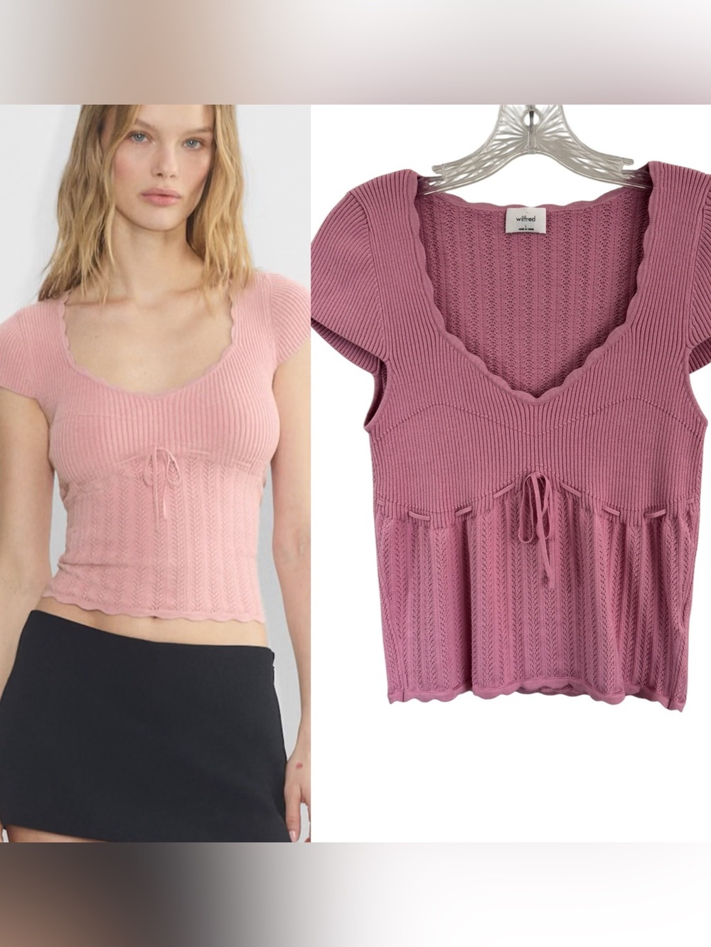 Wilfred | Aritzia Soloist Sweater in Pink Pointelle Top Wonder Yarn Large